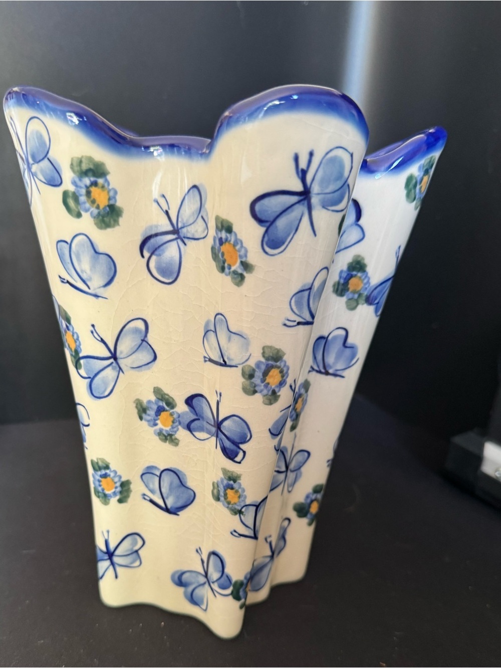 Vintage Unikat WR Polish Pottery Butterfly Flower Vase Ruffled Edge